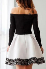 Load image into Gallery viewer, A Line Black and White Off the Shoulder Long Sleeve Short Homecoming Dresses with Lace H1311