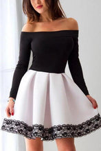 Load image into Gallery viewer, A Line Black and White Off the Shoulder Long Sleeve Short Homecoming Dresses with Lace H1311