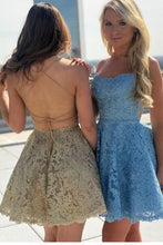 Load image into Gallery viewer, A Line Blue Lace Appliques Homecoming Dresses Backless Above Knee Short Prom Dresses H1138
