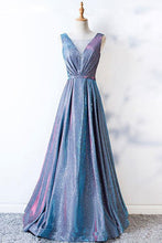 Load image into Gallery viewer, A Line Blue Lace up Ruffles Prom Dresses V Neck Satin Long Cheap Evening Dresses RS675