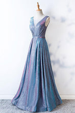 Load image into Gallery viewer, A Line Blue Lace up Ruffles Prom Dresses V Neck Satin Long Cheap Evening Dresses RS675