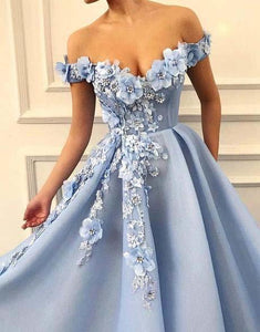 A Line Blue Off the Shoulder Tulle Lace Sweetheart 3D Flowers Prom Dresses Formal Dress RS464
