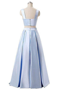 A Line Blue Two Piece Satin Sweetheart Prom Dresses Long Cheap Evening Dresses RS663