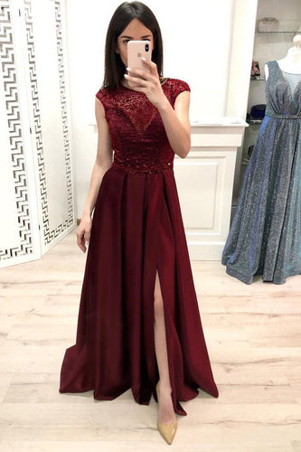 A Line Burgundy Cap Sleeve Prom Dresses Long Beading Slit Evening Party Dresses RS897