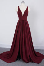 Load image into Gallery viewer, A Line Burgundy V Neck Ruffles Slit Bridesmaid Dresses Long Cheap Prom Dresses RS585