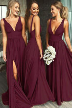 Load image into Gallery viewer, A Line Burgundy V Neck Ruffles Slit Bridesmaid Dresses Long Cheap Prom Dresses RS585