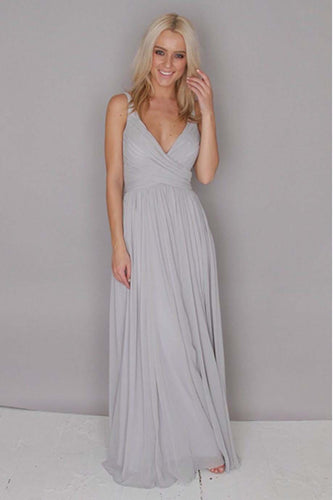 A Line Chiffon Grey Floor Length V Neck Ruffles Bridesmaid Dress Long Prom Dresses RS397