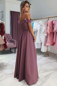 A Line Chiffon Off the Shoulder Prom Dresses Purple Side Slit Evening Dresses RS733