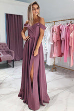 Load image into Gallery viewer, A Line Chiffon Off the Shoulder Prom Dresses Purple Side Slit Evening Dresses RS733