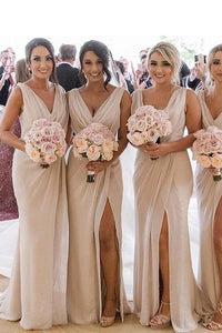 A Line Chiffon V Neck Beige Ruffles Bridesmaid Dresses Long with Slit Prom Dresses RS418