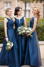 Load image into Gallery viewer, A Line Dark Navy Scoop Sleeveless Long Prom Dresses Simple Bridesmaid Dresses BD1000