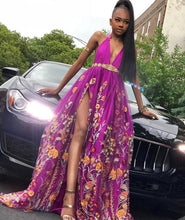 Load image into Gallery viewer, A Line Deep V Neck High Slit Purple Tulle Prom Dresses Long Evening Dresses RS348