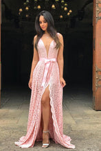 Load image into Gallery viewer, A Line Deep V Neck Pink Lace Sleeveless Prom Dresses Long Party Dance Dresses P1113