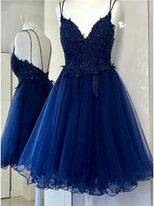 A Line Dual-Strapped Royal Blue V Neck Short Prom Dress with Beads Appliques RS858