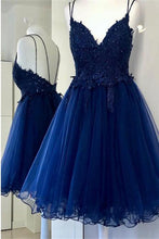Load image into Gallery viewer, A Line Dual-Strapped Royal Blue V Neck Short Prom Dress with Beads Appliques RS858