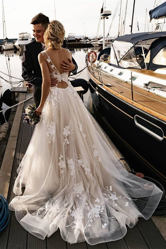 A Line Floral Appliques Beach Wedding Dresses Backless Tulle Boho Wedding Gowns RS947