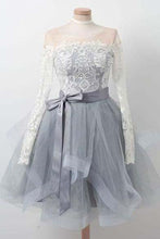 Load image into Gallery viewer, A Line Gray Long Sleeve Scoop Lace Appliques Homecoming Dresses with Belt Prom Dress H1055