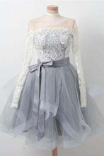Load image into Gallery viewer, A Line Gray Long Sleeve Scoop Lace Appliques Homecoming Dresses with Belt Prom Dress H1055