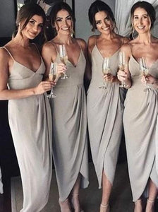 A Line Gray Spaghetti Straps V Neck Middle Slit Prom Dresses Bridesmaid Dresses RS912