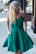 Load image into Gallery viewer, A Line Green Spaghetti Straps V Neck Satin Open Back Homecoming Dresses with Pockets H1299