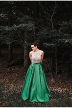 Load image into Gallery viewer, A Line Halter Emerald Green Beaded Prom Dresses Backless Satin Long Prom Dresses RS825