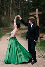 Load image into Gallery viewer, A Line Halter Emerald Green Beaded Prom Dresses Backless Satin Long Prom Dresses RS825