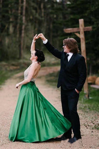 A Line Halter Emerald Green Beaded Prom Dresses Backless Satin Long Prom Dresses RS825