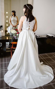 A Line Halter Ivory Satin Sleeveless Wedding Dresses Long Lace Prom Dresses RS431
