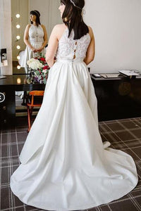 A Line Halter Ivory Satin Sleeveless Wedding Dresses Long Lace Prom Dresses RS431