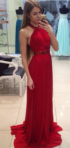 A Line Halter Red Chiffon Long Prom Dresses with Beading Cheap Evening Dresses RS702