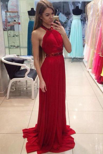 A Line Halter Red Chiffon Long Prom Dresses with Beading Cheap Evening Dresses RS702