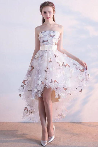 A Line High Low Straps Lace up Tulle Flower Homecoming Dresses Short Prom Dresses RS967