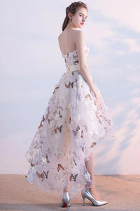 A Line High Low Straps Lace up Tulle Flower Homecoming Dresses Short Prom Dresses RS967