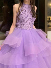 Load image into Gallery viewer, A Line High Neck Ruffles Lavender Ball Gown Prom Dresses with Appliques RS679