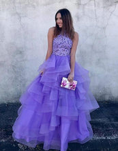 Load image into Gallery viewer, A Line High Neck Ruffles Lavender Ball Gown Prom Dresses with Appliques RS679