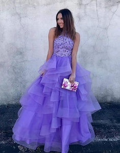 A Line High Neck Ruffles Lavender Ball Gown Prom Dresses with Appliques RS679
