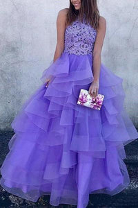 A Line High Neck Ruffles Lavender Ball Gown Prom Dresses with Appliques RS679