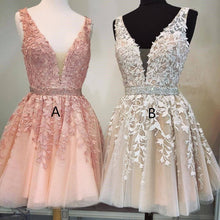 Load image into Gallery viewer, A Line Ivory V Neck Beads Straps Homecoming Dresses with Lace Appliques Short Party Dress H1146