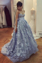 Load image into Gallery viewer, A Line Lace Appliques Sweetheart Prom Dresses Long Blue Quinceanera Dresses RS617