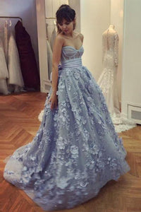 A Line Lace Appliques Sweetheart Prom Dresses Long Blue Quinceanera Dresses RS617