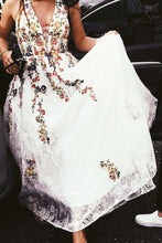 Load image into Gallery viewer, A Line Lace Floral Printed V Neck Appliques White Prom Dresses RS575