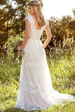 Load image into Gallery viewer, A Line Lace Straps Wedding Dresses Ivory Backless Long Bridal Dresses JS817