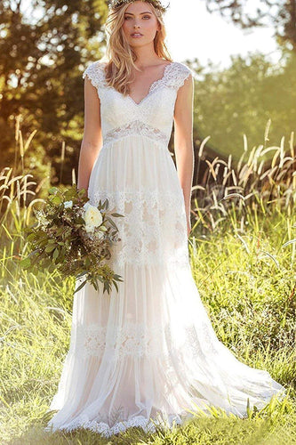 A Line Lace Straps Wedding Dresses Ivory Backless Long Bridal Dresses RS817