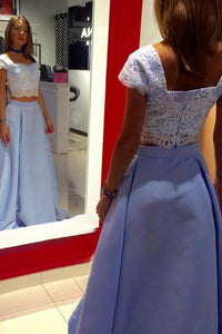 A Line Lace Two Piece Blue Satin Cap Sleeve Prom Dresses with Appliques RS640