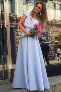 A Line Lace Two Piece Blue Satin Cap Sleeve Prom Dresses with Appliques RS640
