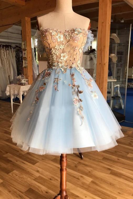 A Line Light Blue Off the Shoulder Above Knee Homecoming Prom Dress with Appliques RS939