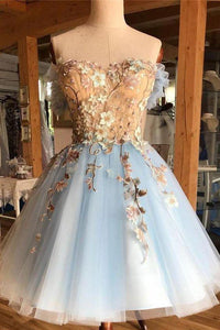 A Line Light Blue Off the Shoulder Above Knee Homecoming Prom Dress with Appliques RS939