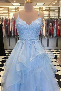 A Line Light Blue Spaghetti Straps Prom Dresses Sweetheart Long Evening Dresses RS606