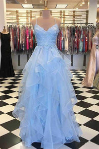 A Line Light Blue Spaghetti Straps Prom Dresses Sweetheart Long Evening Dresses RS606