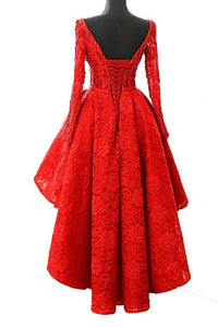 A Line Long Sleeve Red High Low Scoop Lace Homecoming Dresses with Lace Appliques RS835